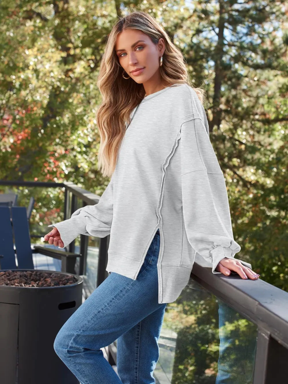 Slit Round Neck Long Sleeve Sweatshirt - Lilixa.store