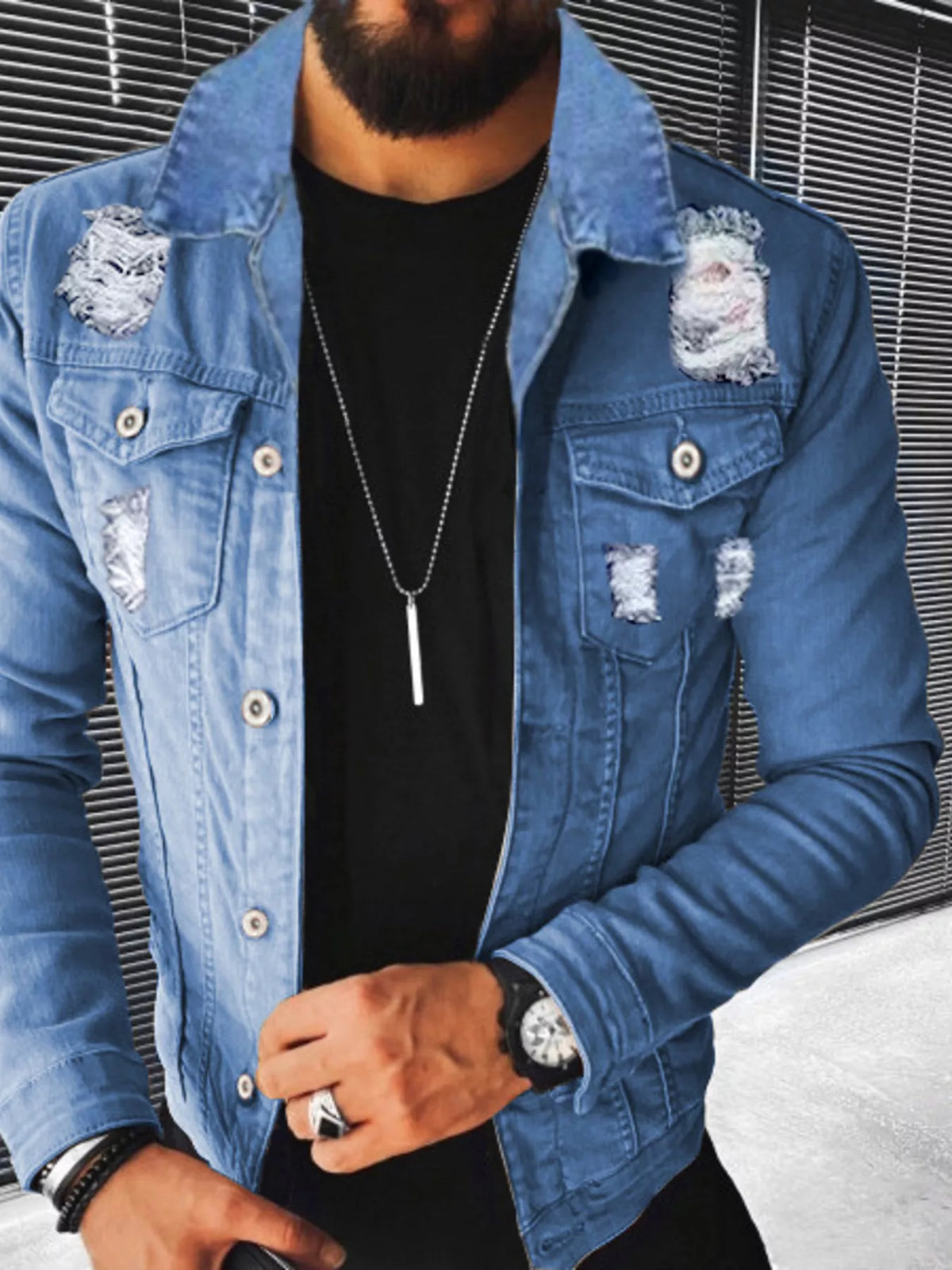 Men's Plus Size Distressed Button Up Denim Jacket - Lilixa.store