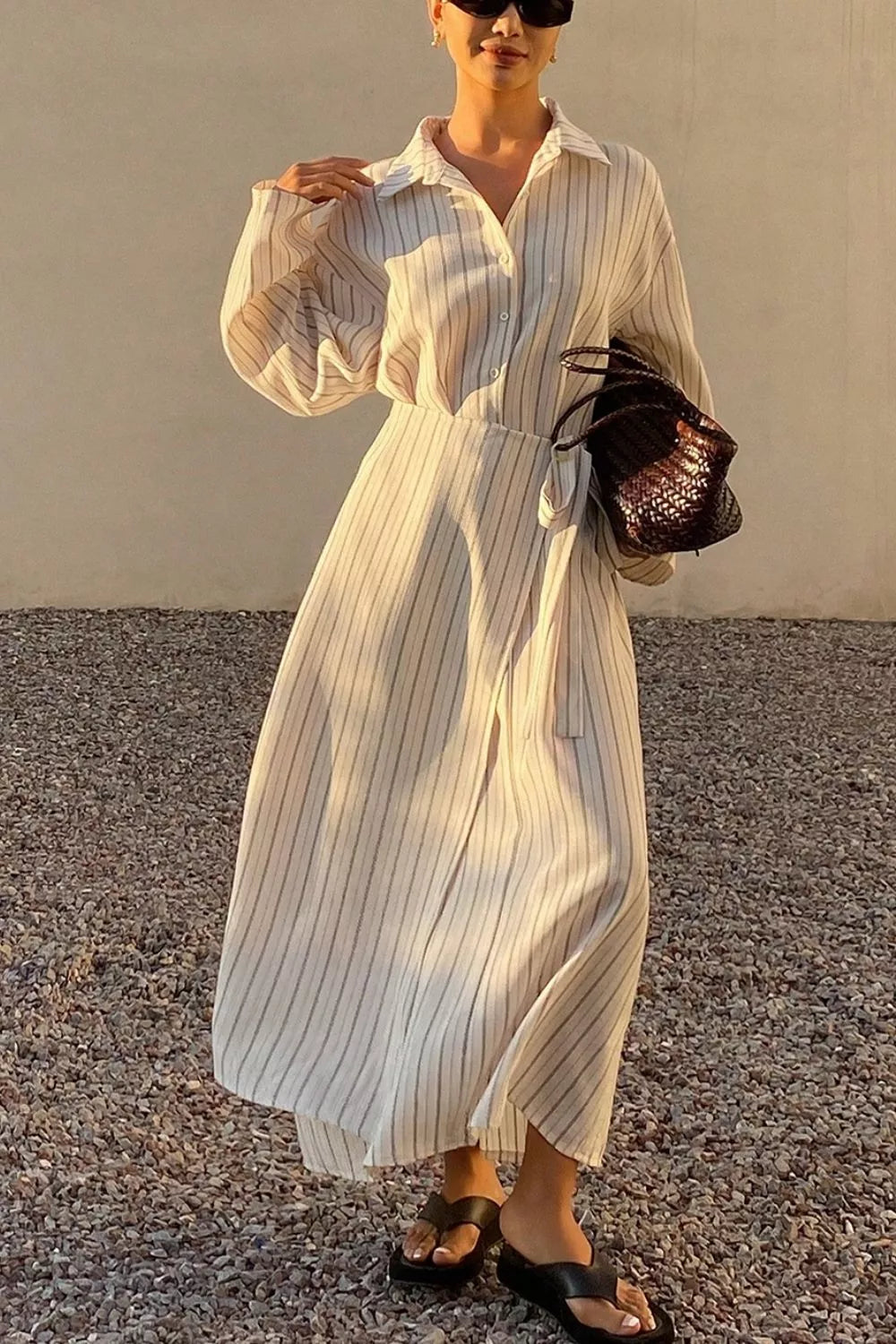 Striped Button-Down Shirt Dress with Waist Tie - Lilixa.store