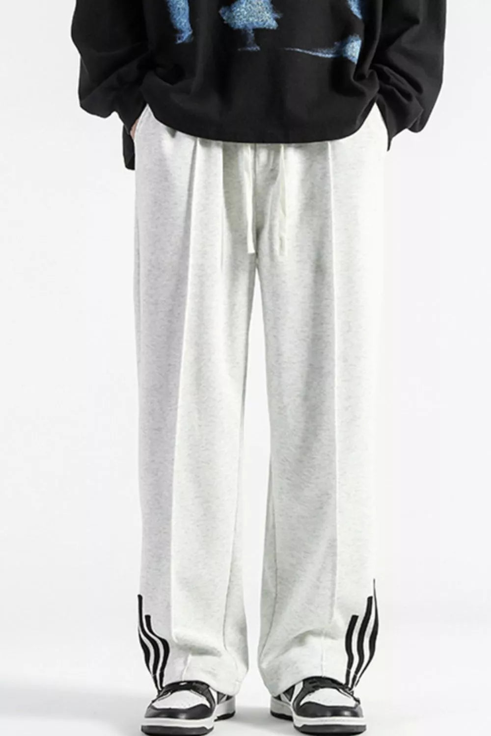 Men's Plus Size Casual Loose Fit Sweatpants with Striped Detail in Flower White