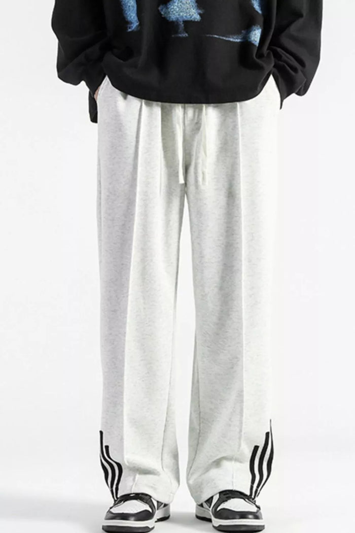 Men's Plus Size Casual Loose Fit Sweatpants with Striped Detail in Flower White
