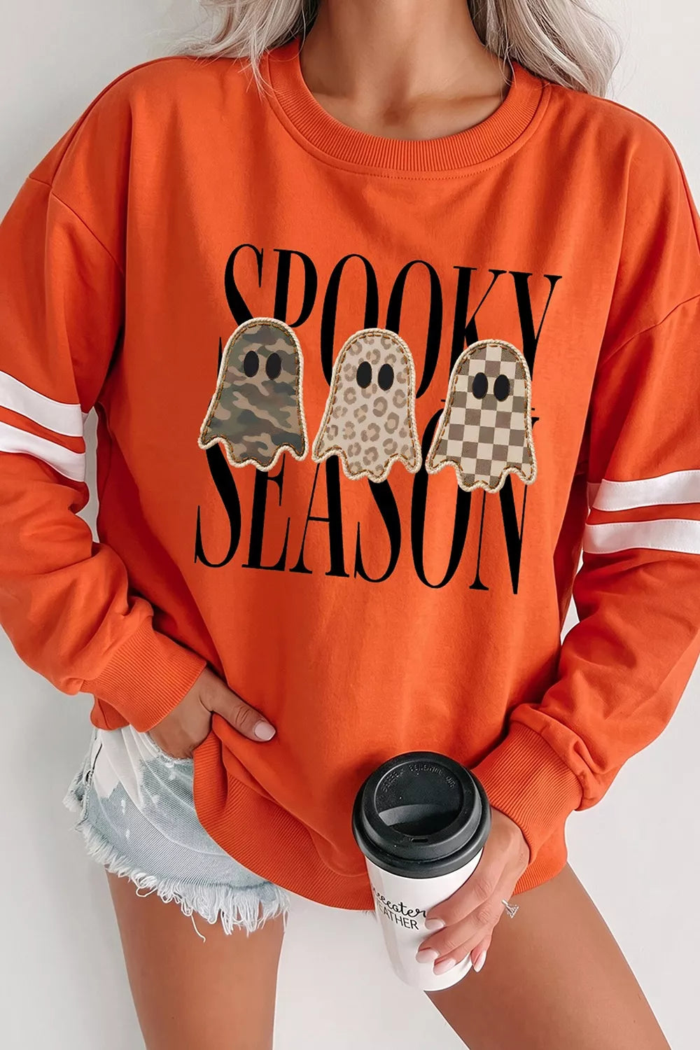 Spooky Season Ghost Graphic Varsity Striped Sleeve Halloween Pullover Sweatshirt - Lilixa.store