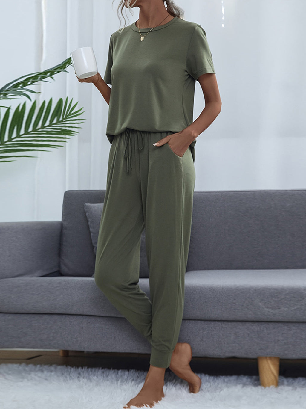 Shiny Round Neck Short Sleeve Top and Pants Set - Lilixa.store
