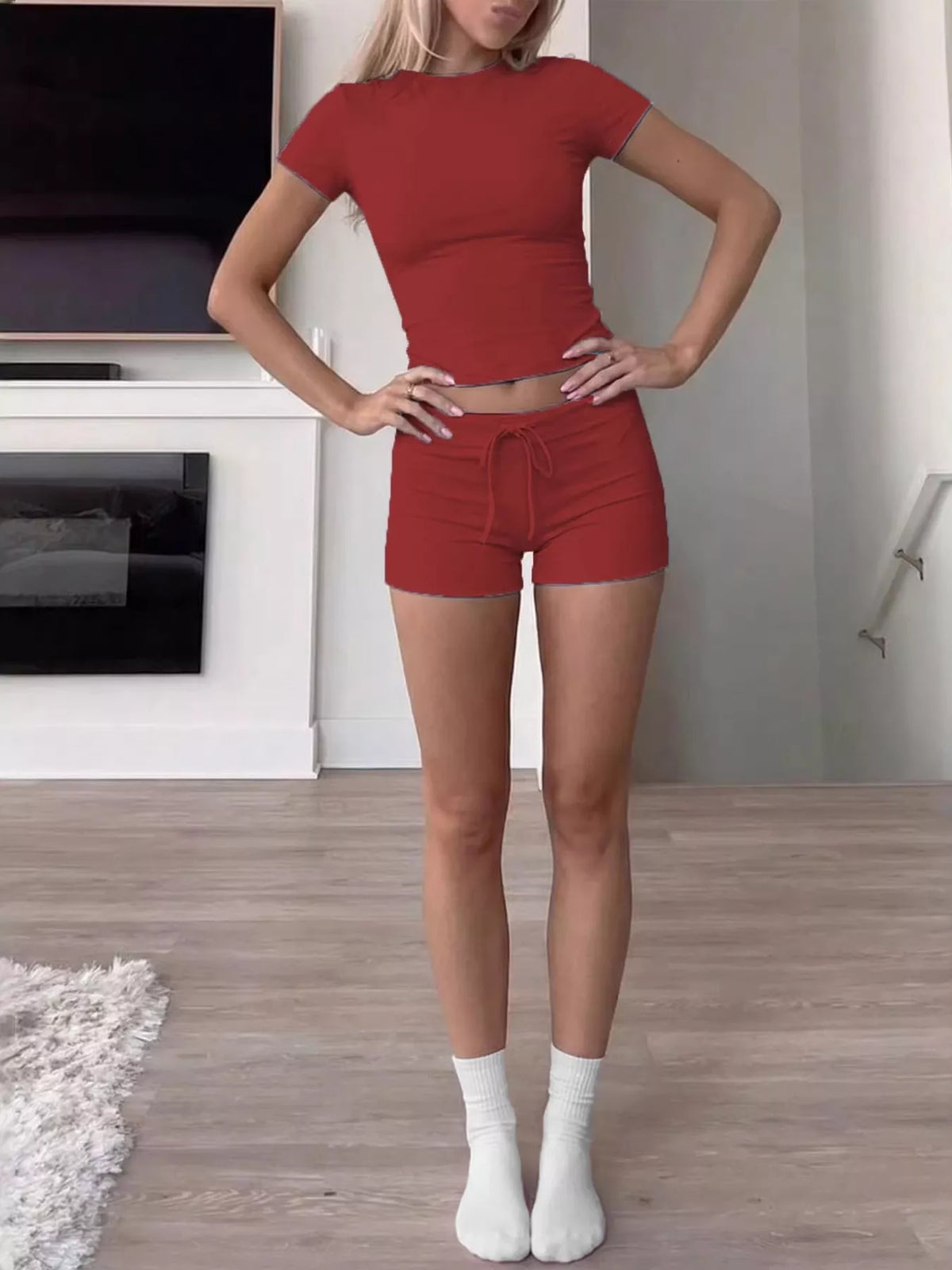 Mock Neck Crop Top and Drawstring Shorts Set - Lilixa.store