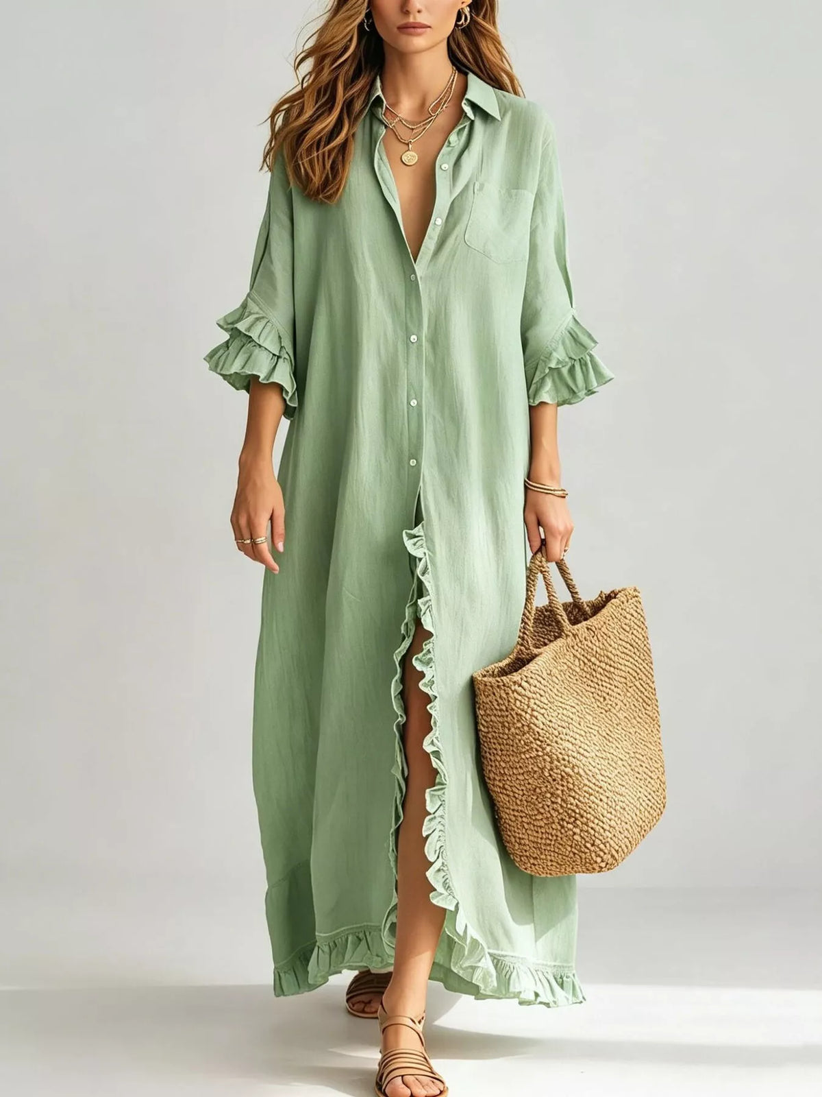 Full Size Ruffled Trim Button-Down Maxi Shirt Dress Plus Size