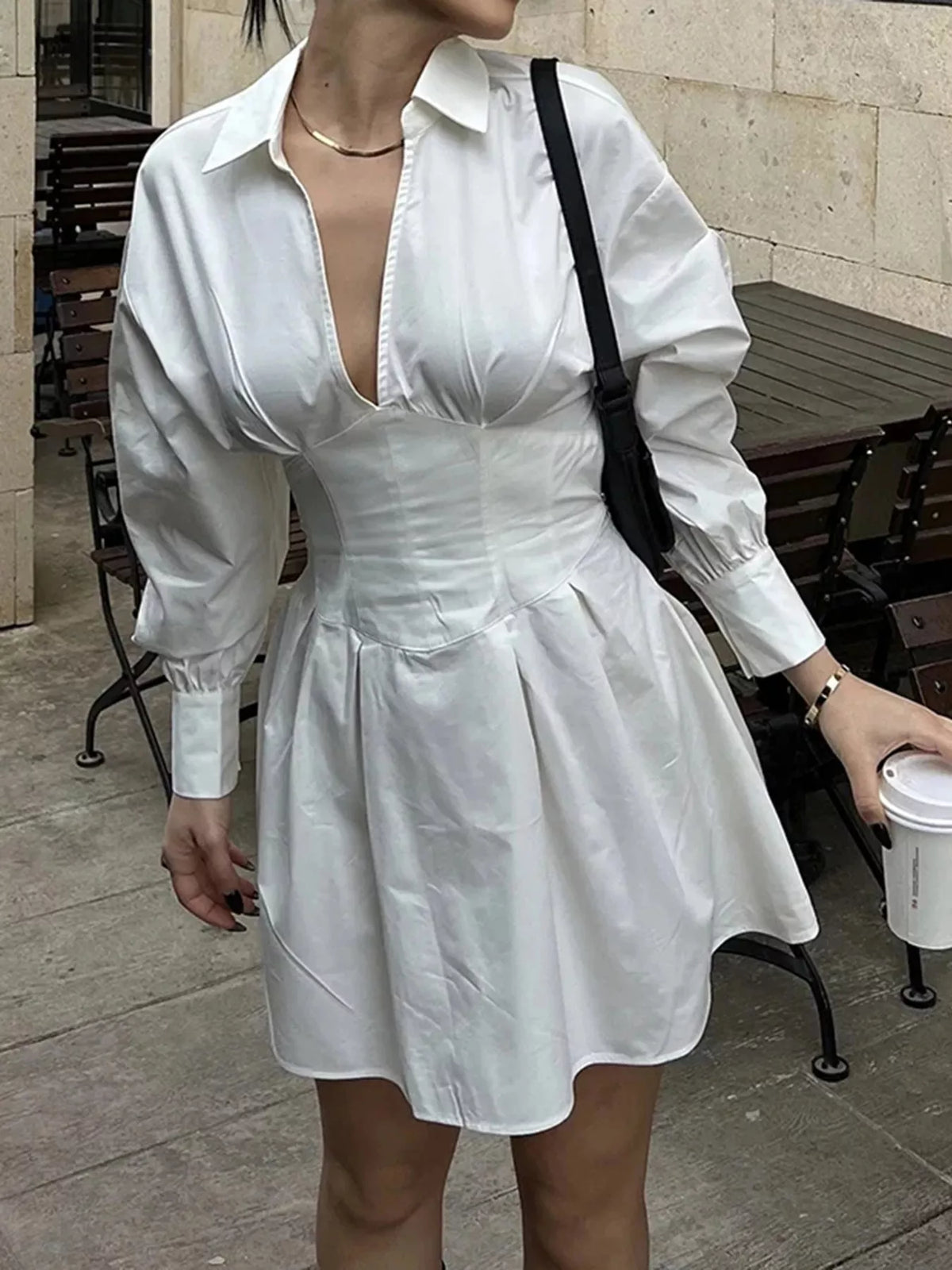 Collared Neck Lantern Sleeve Mini Dress
