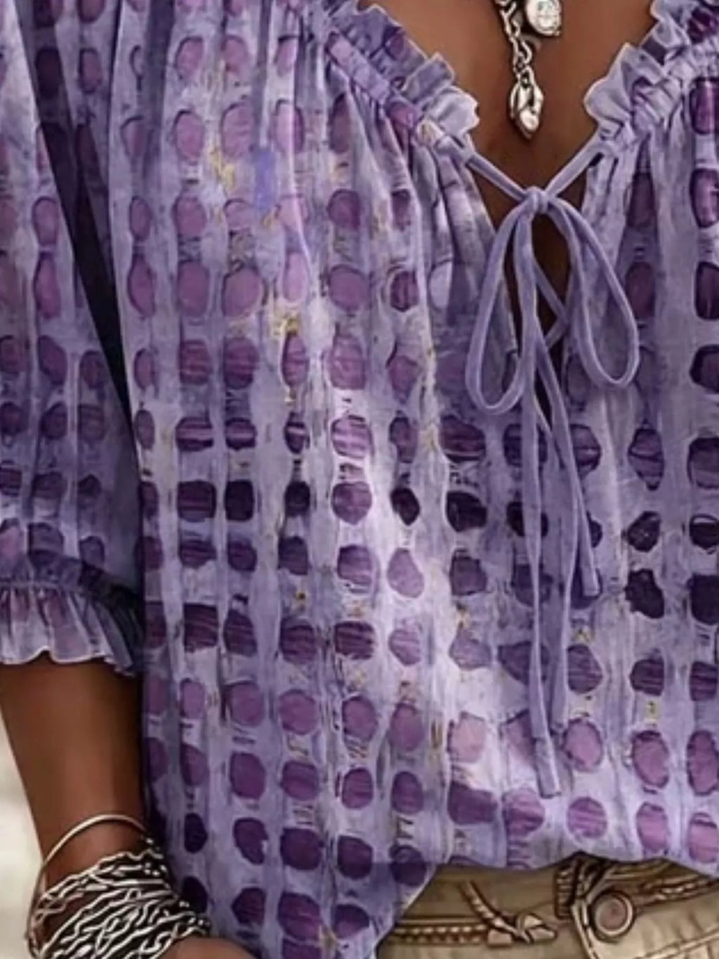 Full Size Tie Neck 3/4 Sleeve Blouse Plus Size - Lilixa.store