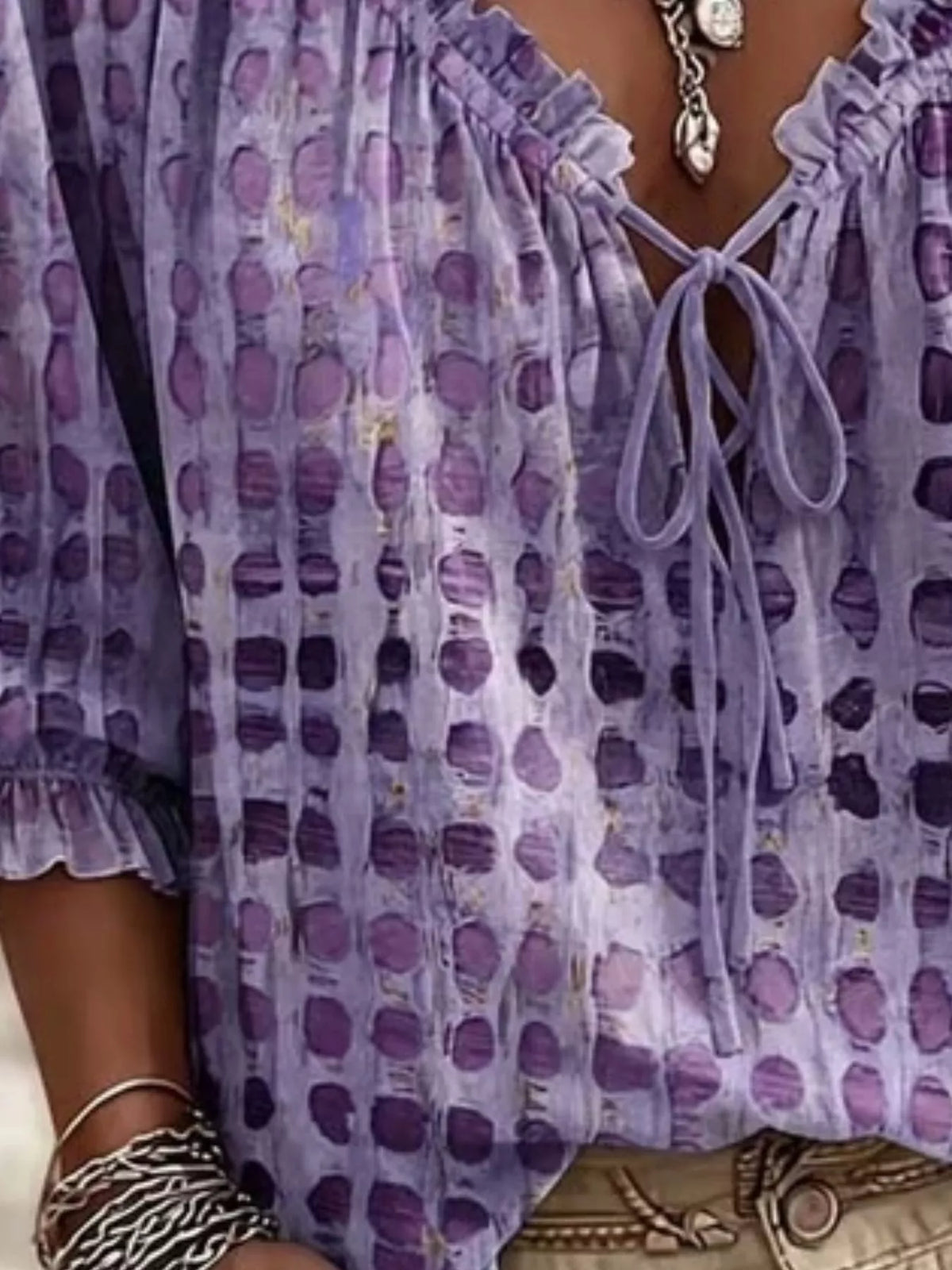 Full Size Tie Neck 3/4 Sleeve Blouse Plus Size - Lilixa.store