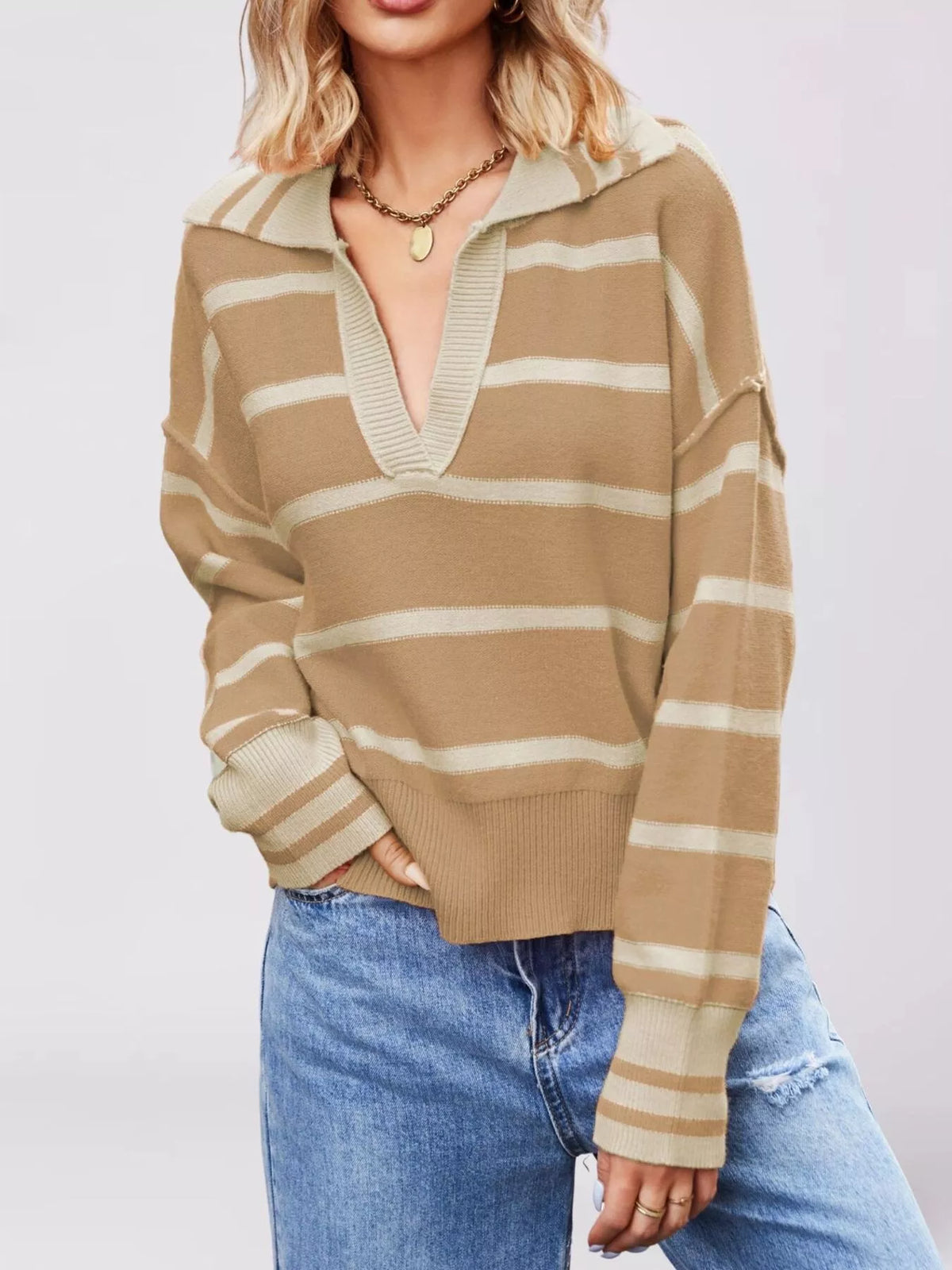 Striped Johnny Collar Dropped Shoulder Sweater