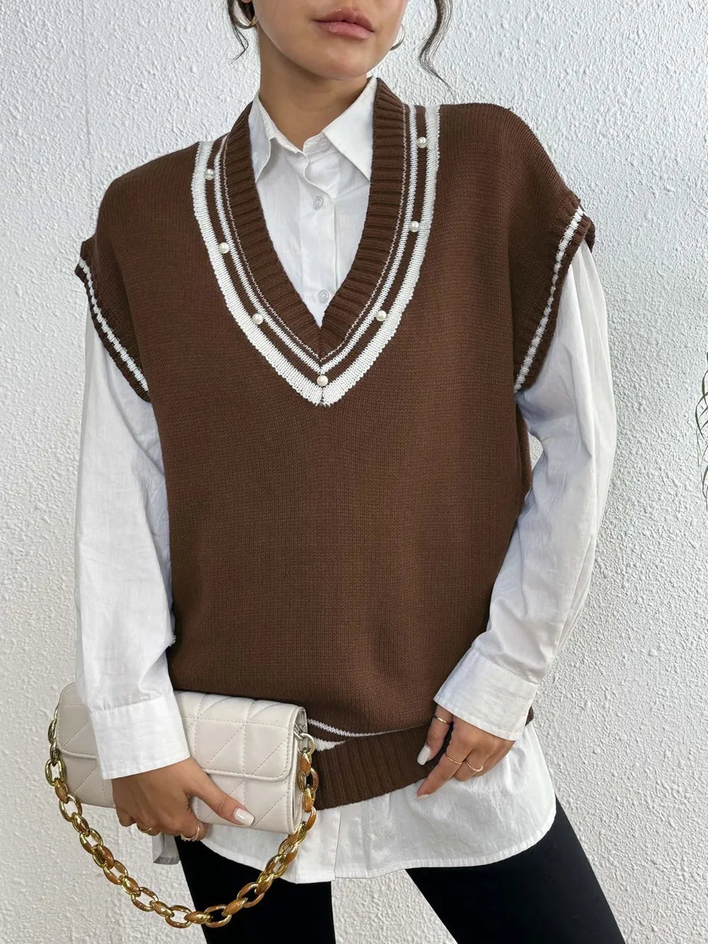 Pearl Trim Contrast V-Neck Sweater Vest, view 3