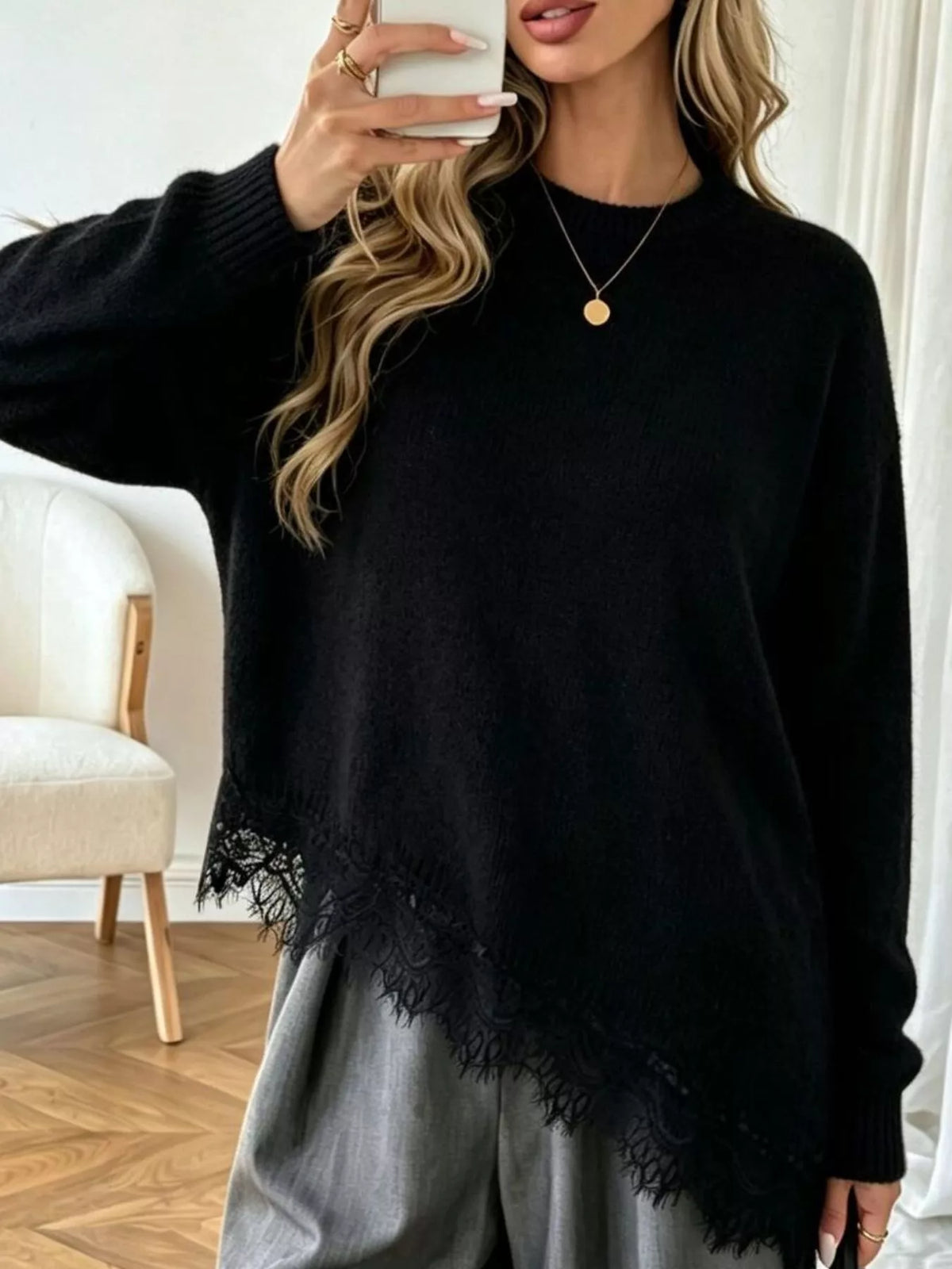 Round Neck Sweater with Asymmetric Lace Hem in Black
