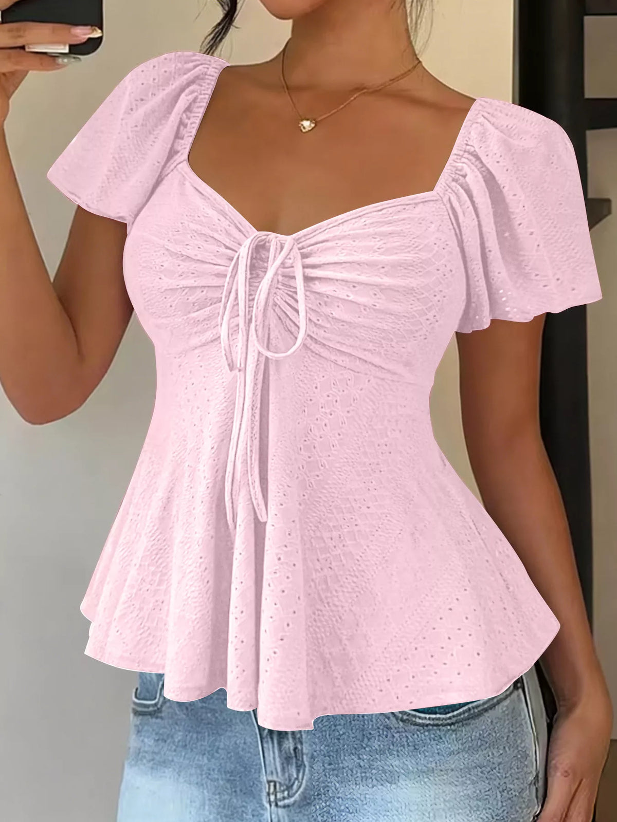 Sweetheart Neck Flutter Sleeve Top - Lilixa.store
