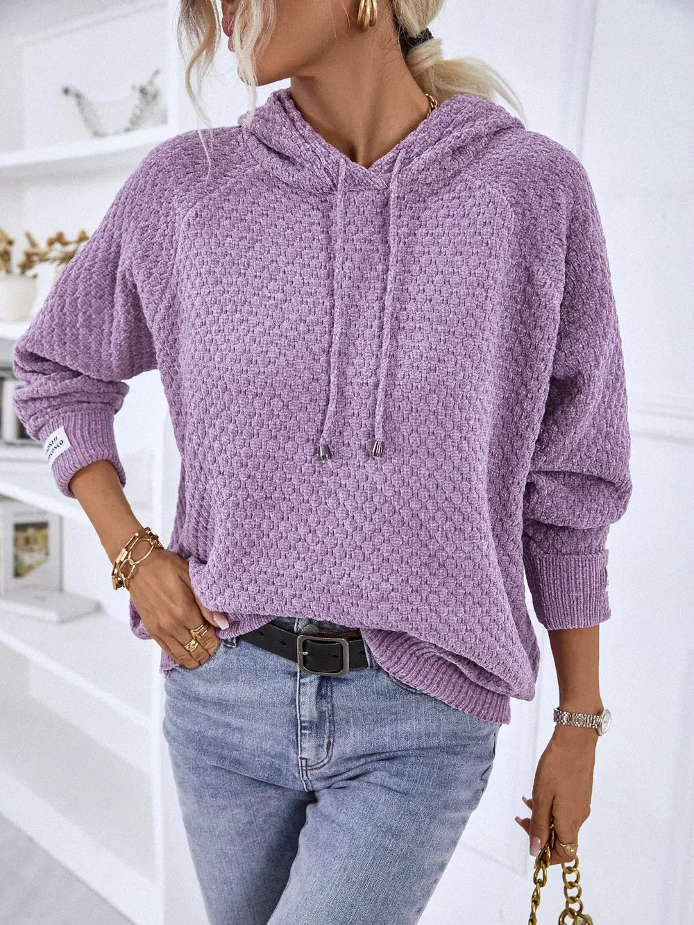 Texture Drawstring Long Sleeve Hooded Sweater in Lavender