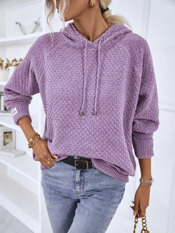 Texture Drawstring Long Sleeve Hooded Sweater in Lavender
