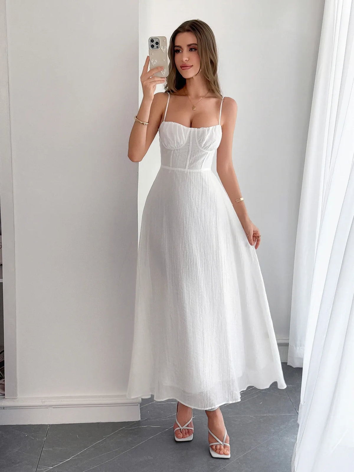 Texture Sweetheart Neck Backless Cami Dress - Lilixa.store