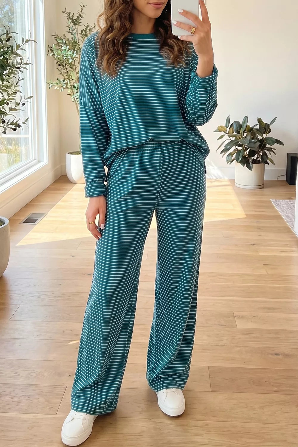 Stripe Dropped Shoulder Long Sleeve Top Elastic Waist Pants Casual 2pcs Set - Lilixa.store