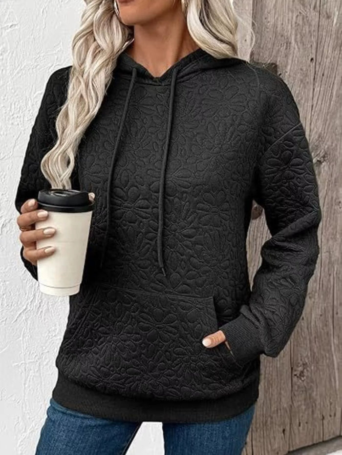 Textured Floral Embossed Drawstring Hoodie in Black