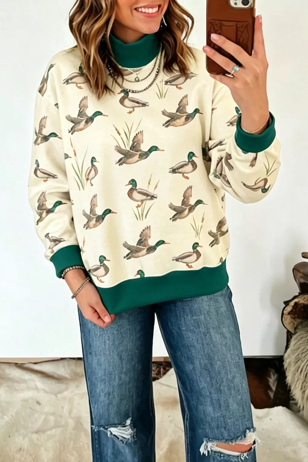 Duck Print Mock Neck Sweatshirt - Lilixa.store