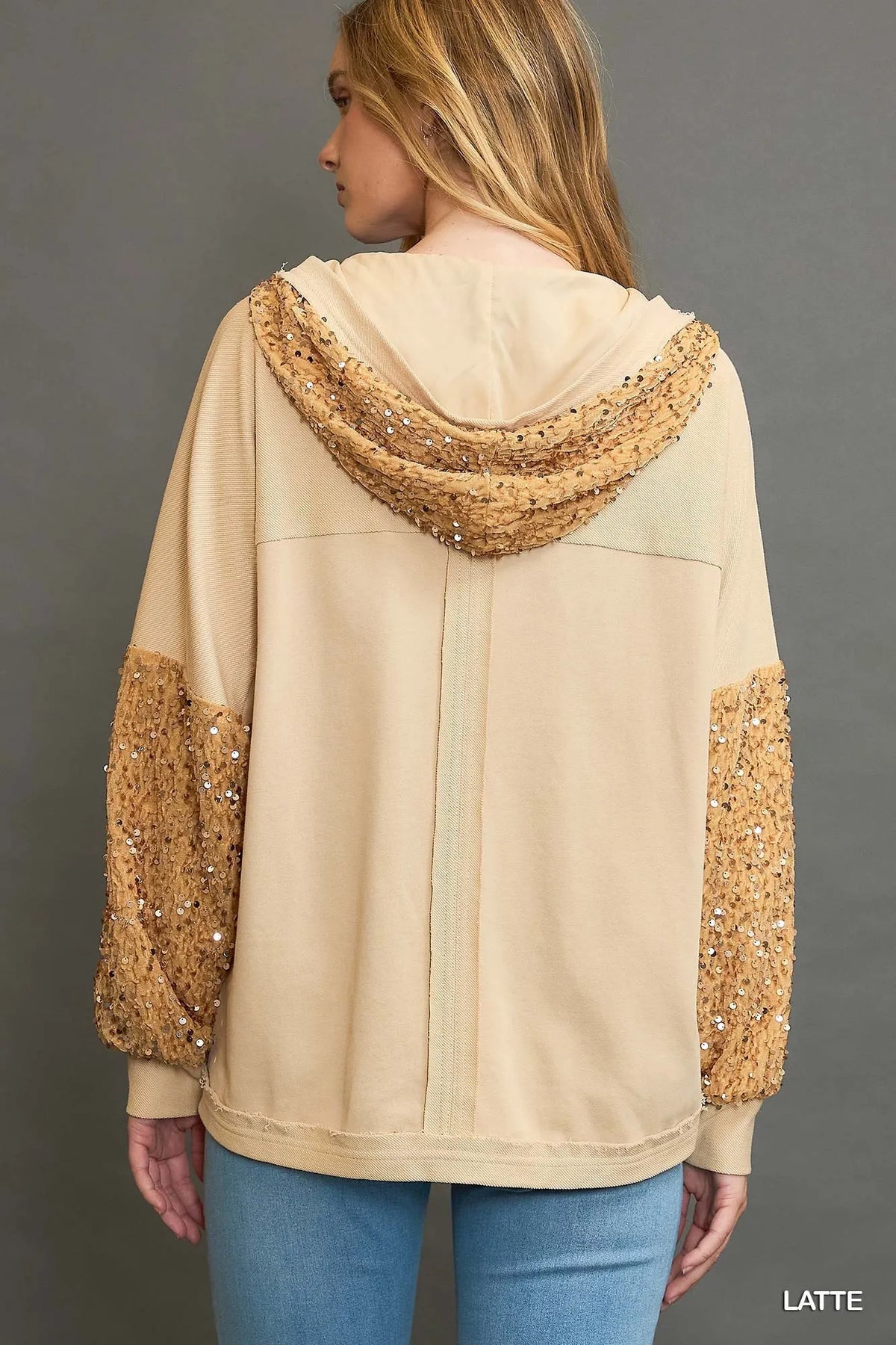 Umgee Sequined French Terry Jacket in Latte, view 3