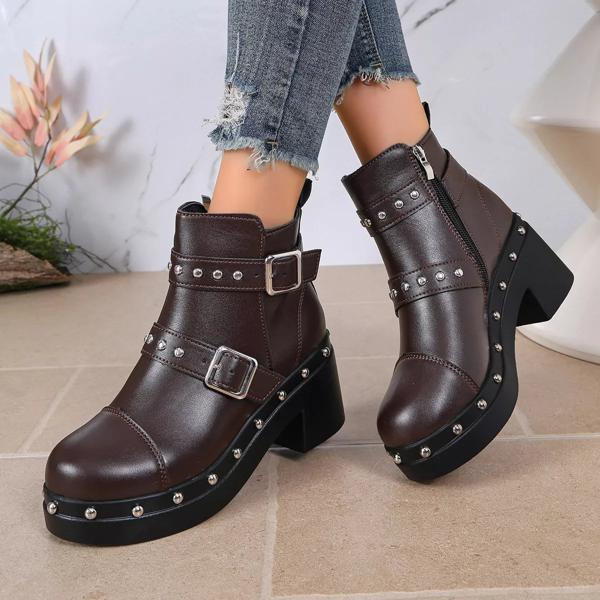 Round Toe Block Heels Boots - Lilixa.store