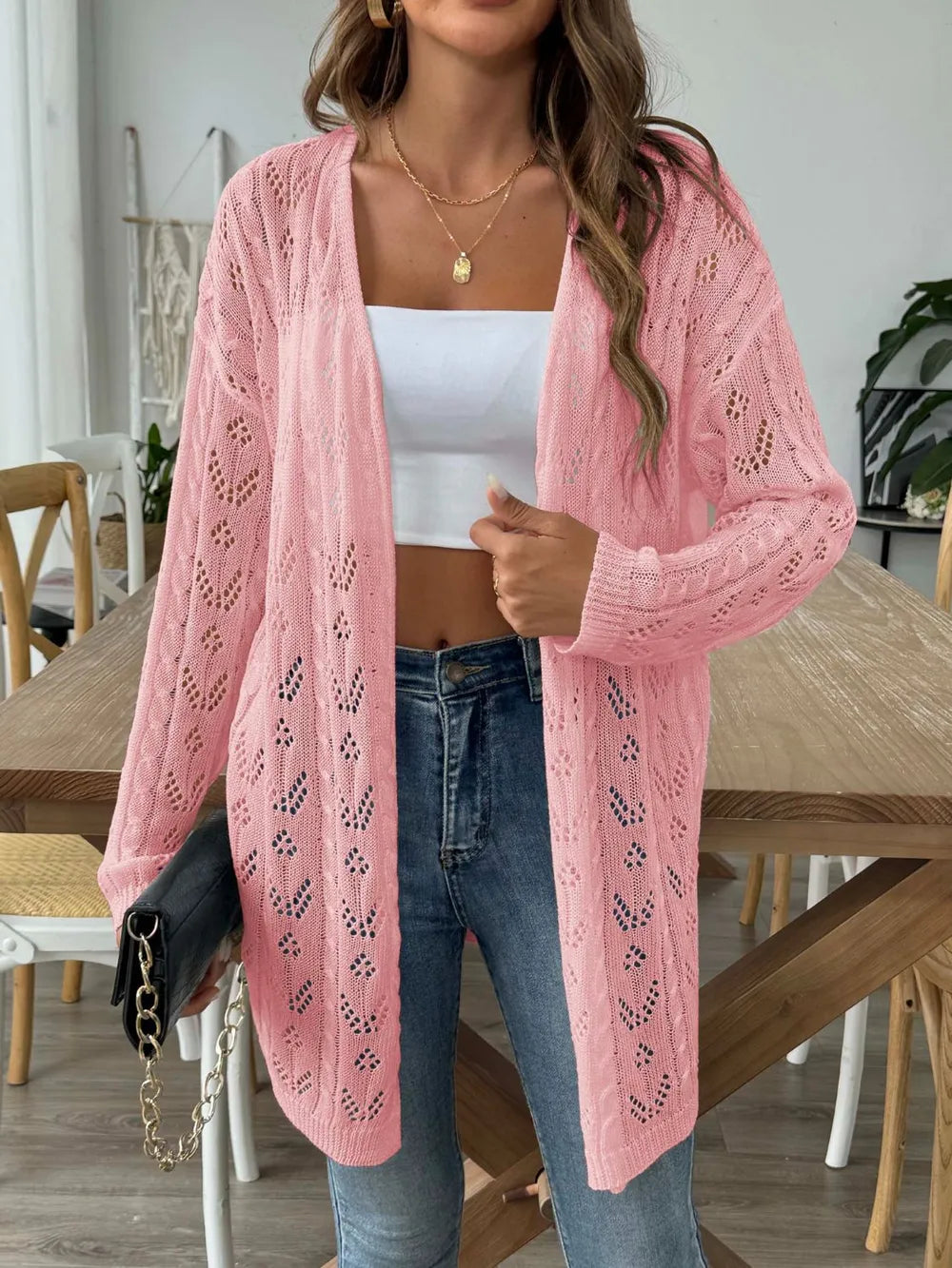 Openwork Open Front Long Sleeve Cardigan - Lilixa.store