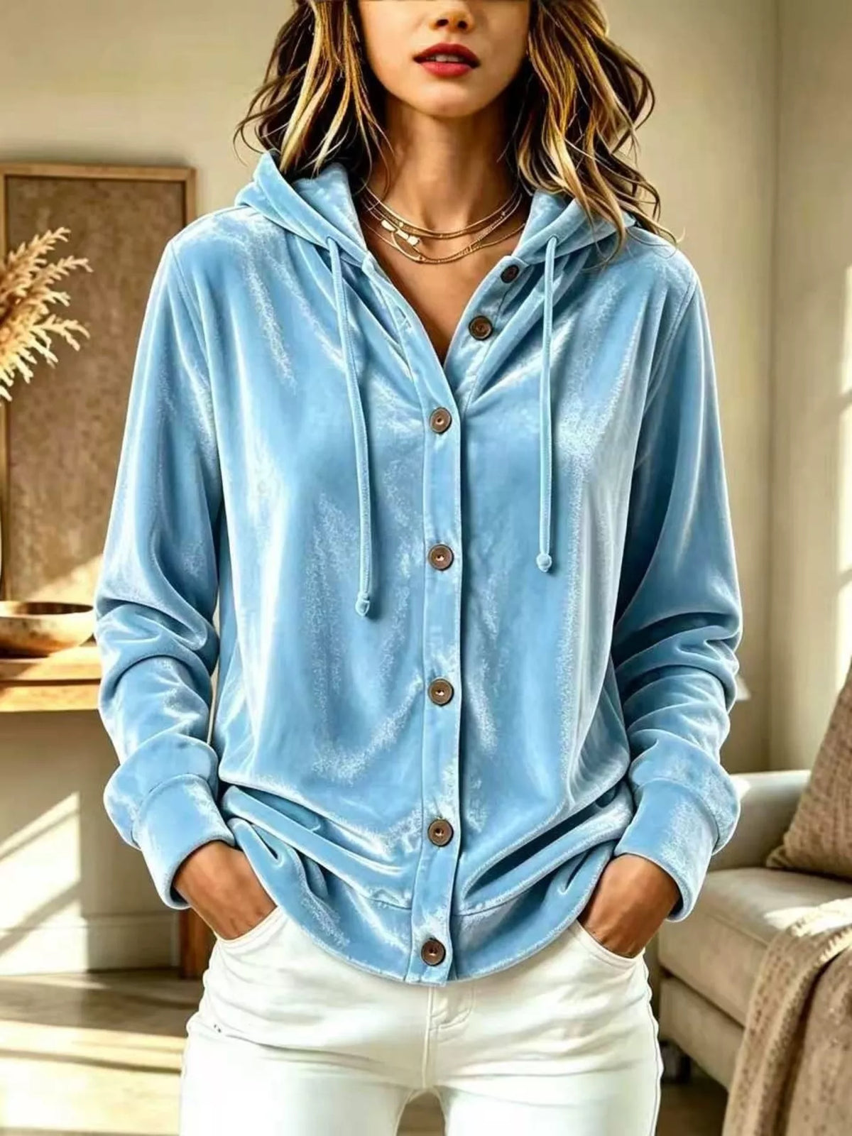 Full Size Velvet Button-Down Hooded Top Plus Size - Lilixa.store