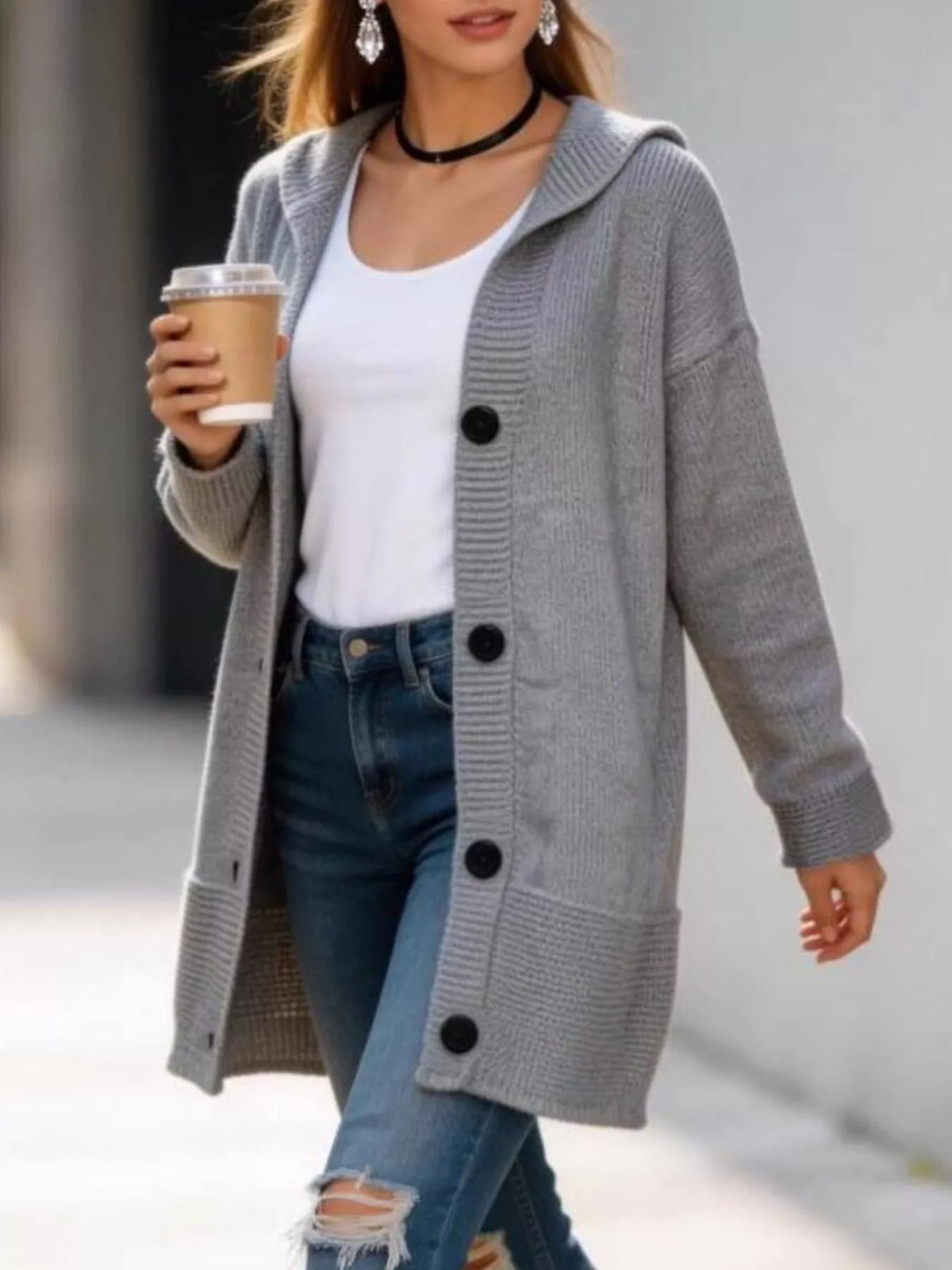 Full Size Casual Hooded Button-Down Knit Cardigan Plus Size - Lilixa.store