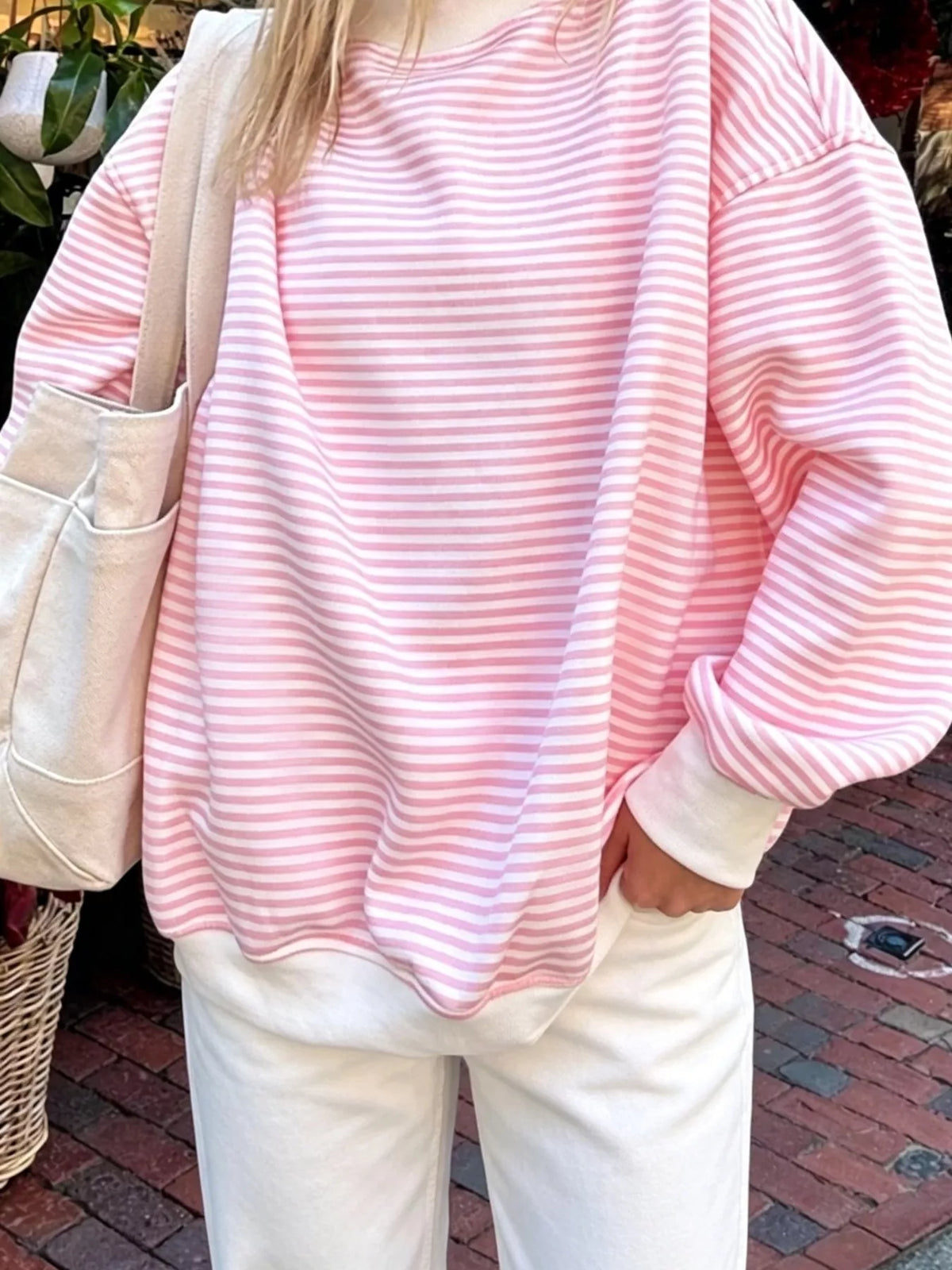 Oversized Striped Crew Neck Sweatshirt, view 4