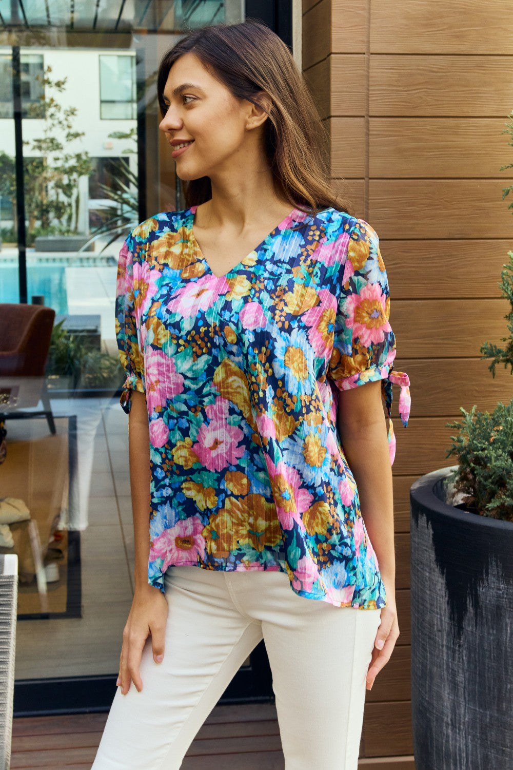 Petal Dew Full Size Floral V-Neck Tie Detail Blouse in Navy/Pink