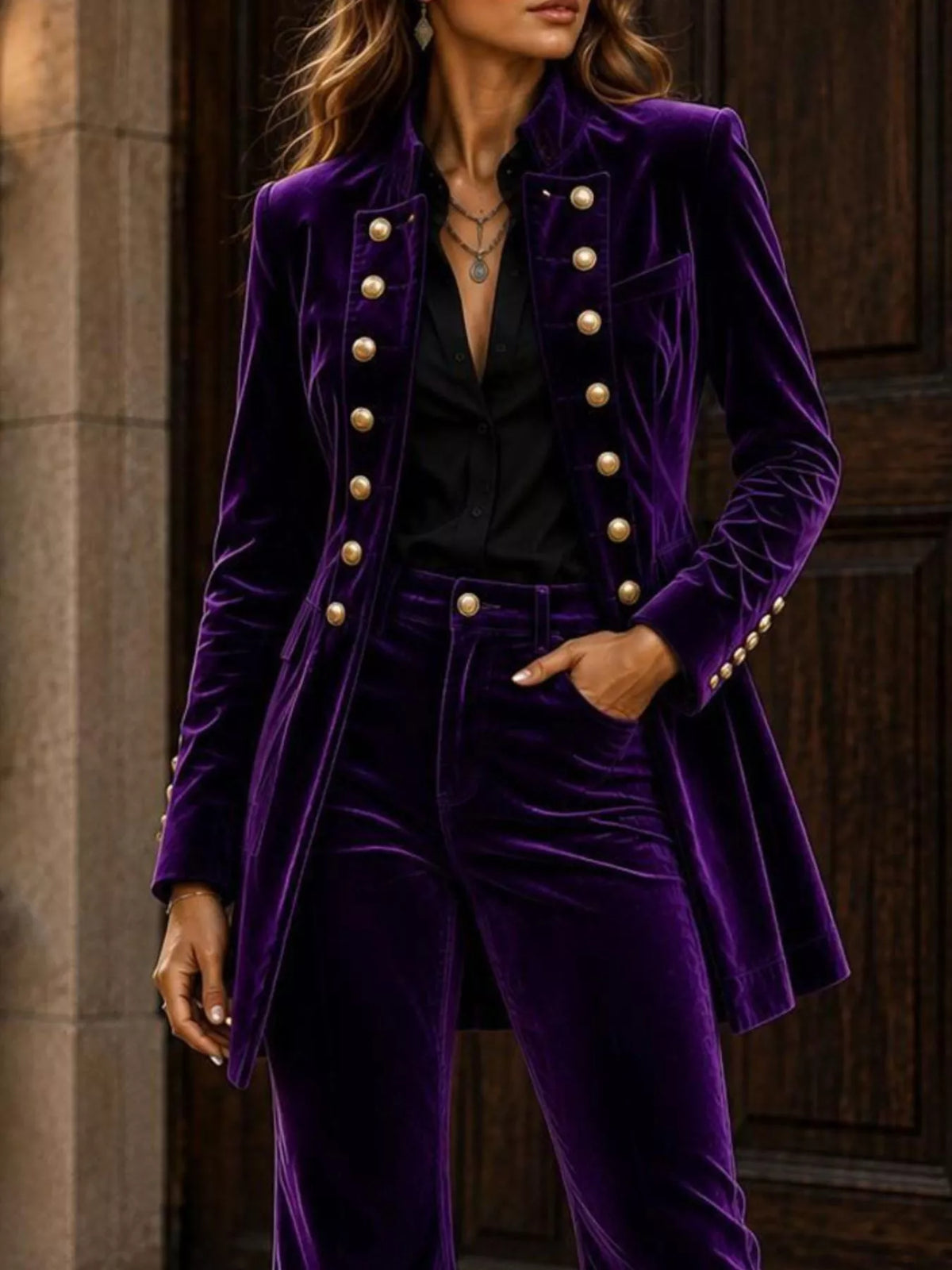 Velvet Double-Breasted Blazer and Flare Pants Set, view 7