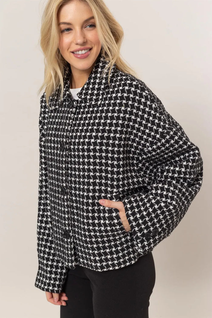 HYFVE Tweed Plaid Button Up Collared Neck Jacket in Black