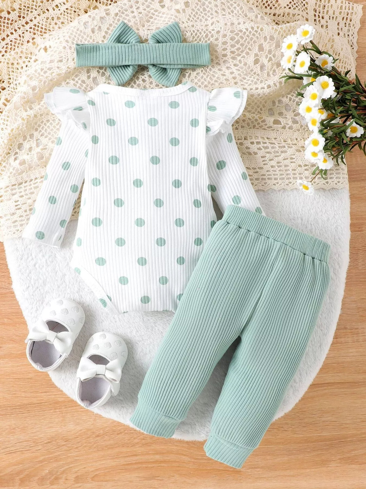 Children's Ruffled Polka Dot Bodysuit and Pants Set with Headband - Lilixa.store