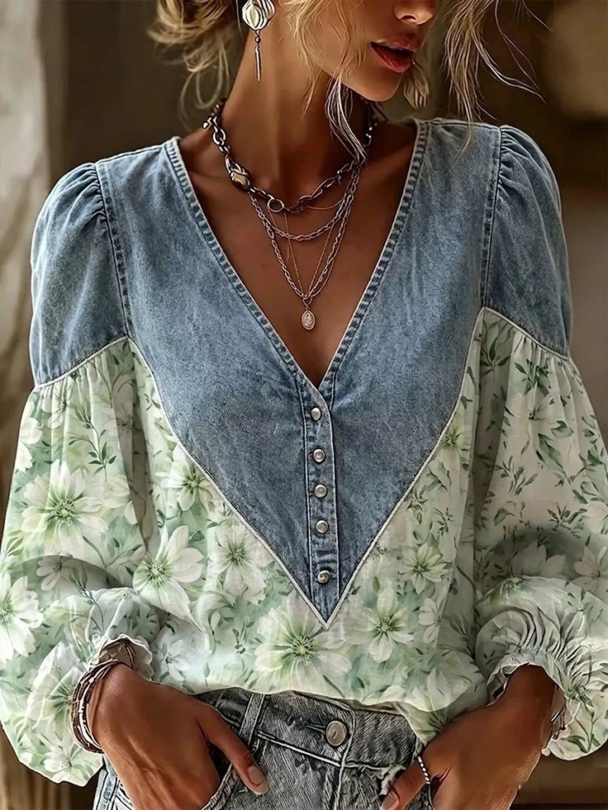 Full Size Denim Patchwork Floral Denim Top Plus Size