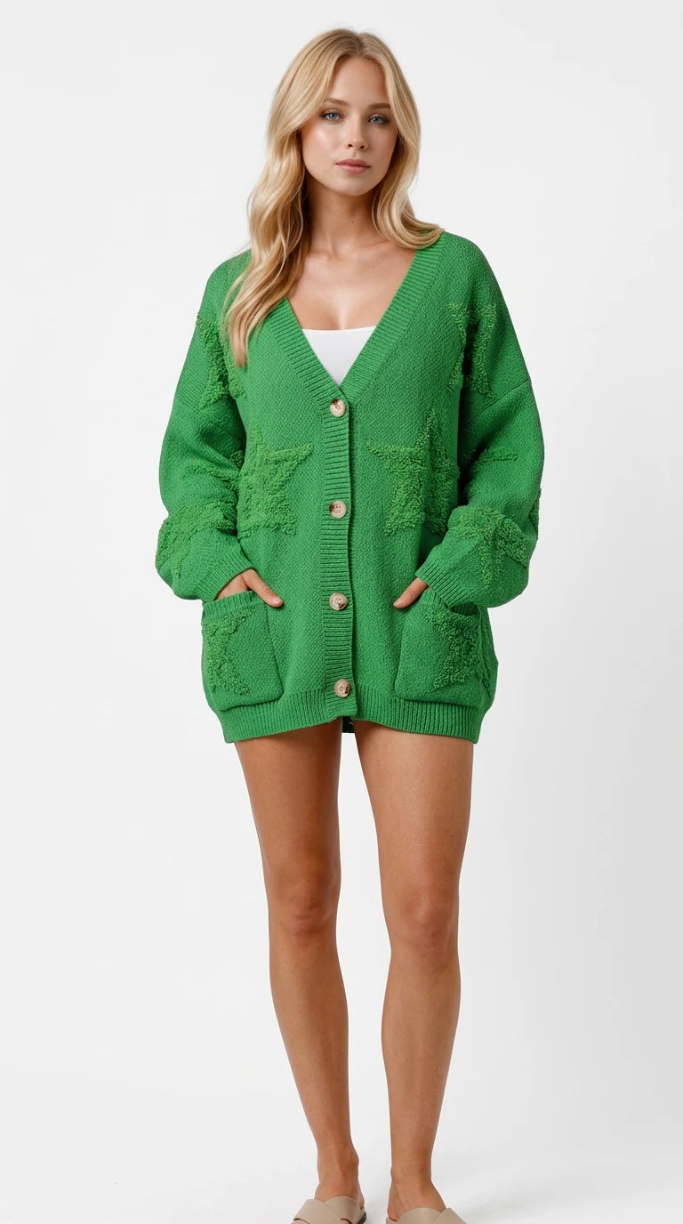 Double Take Full Size Button Up Star Pattern Cardigan in Green
