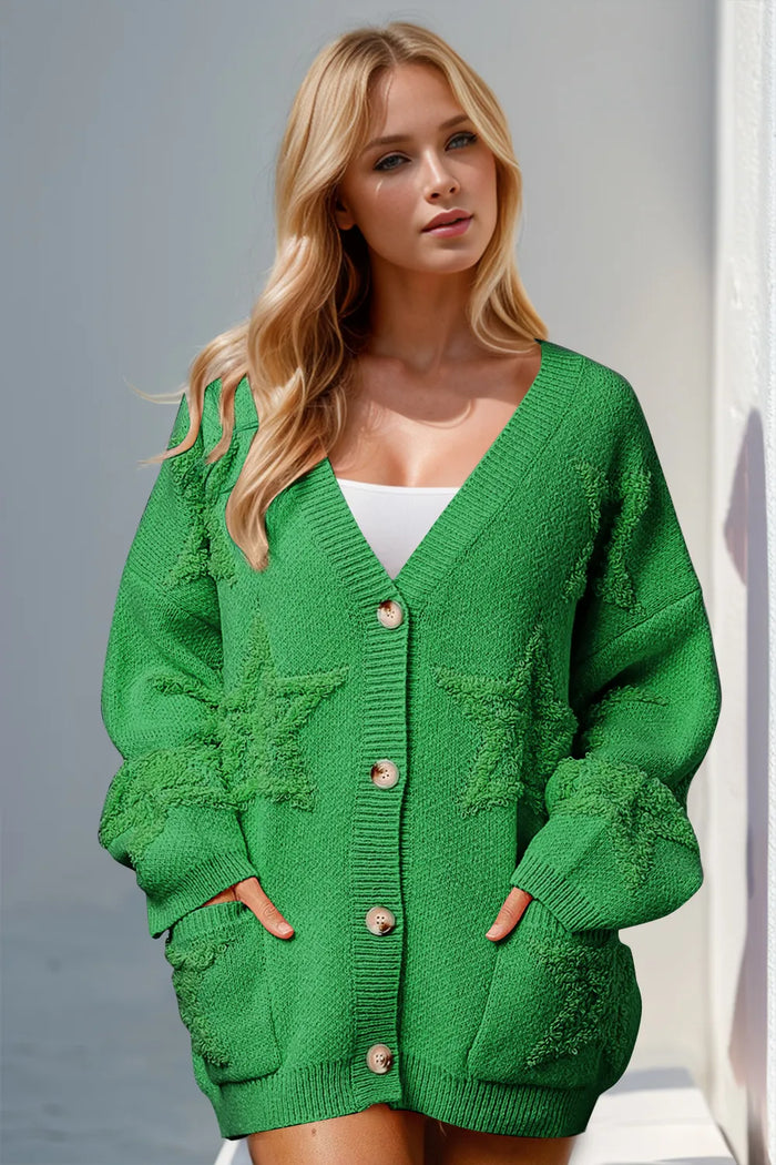 Double Take Full Size Button Up Star Pattern Cardigan in Green