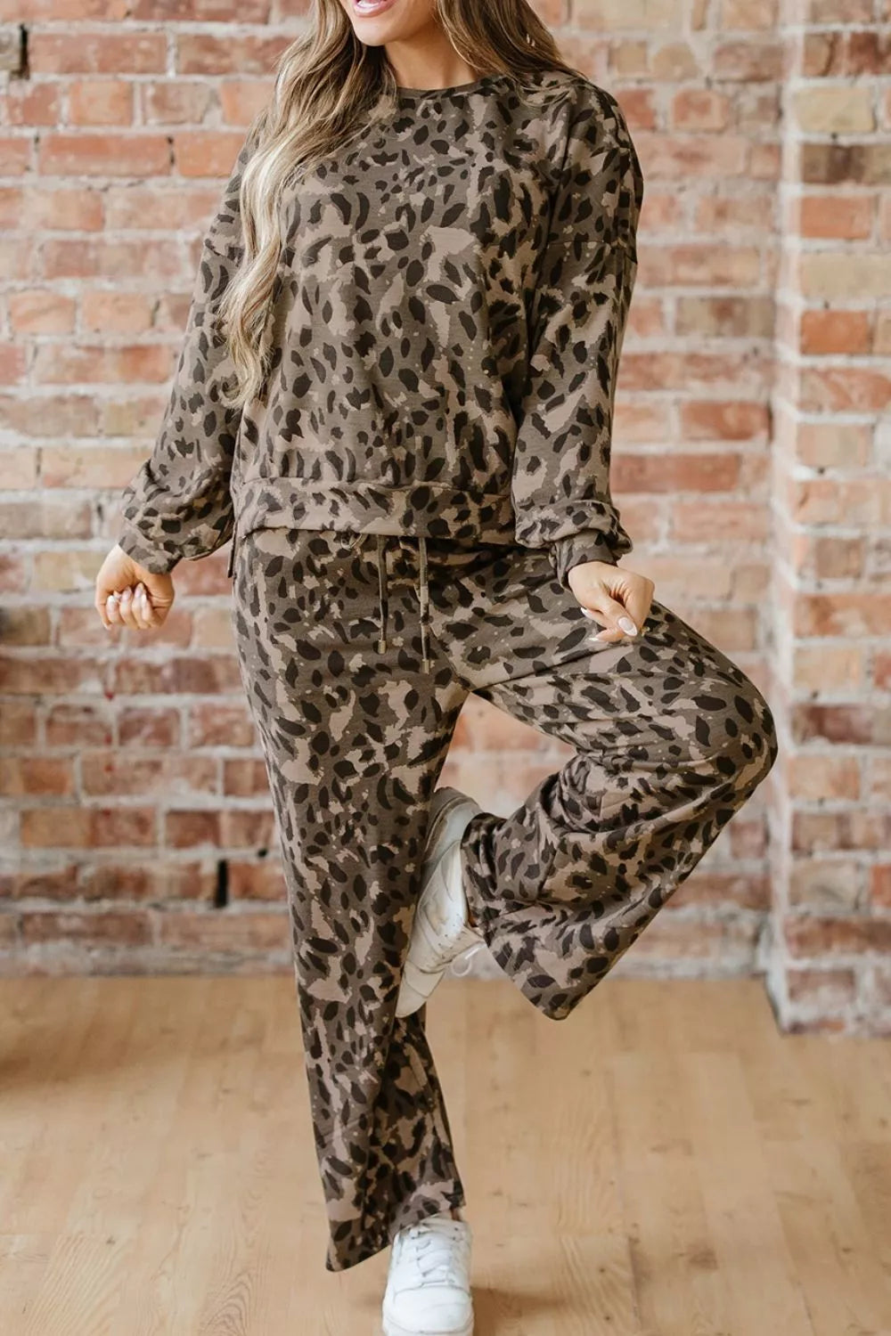 Leopard Print Long Sleeve Top and Pants Set, view 2