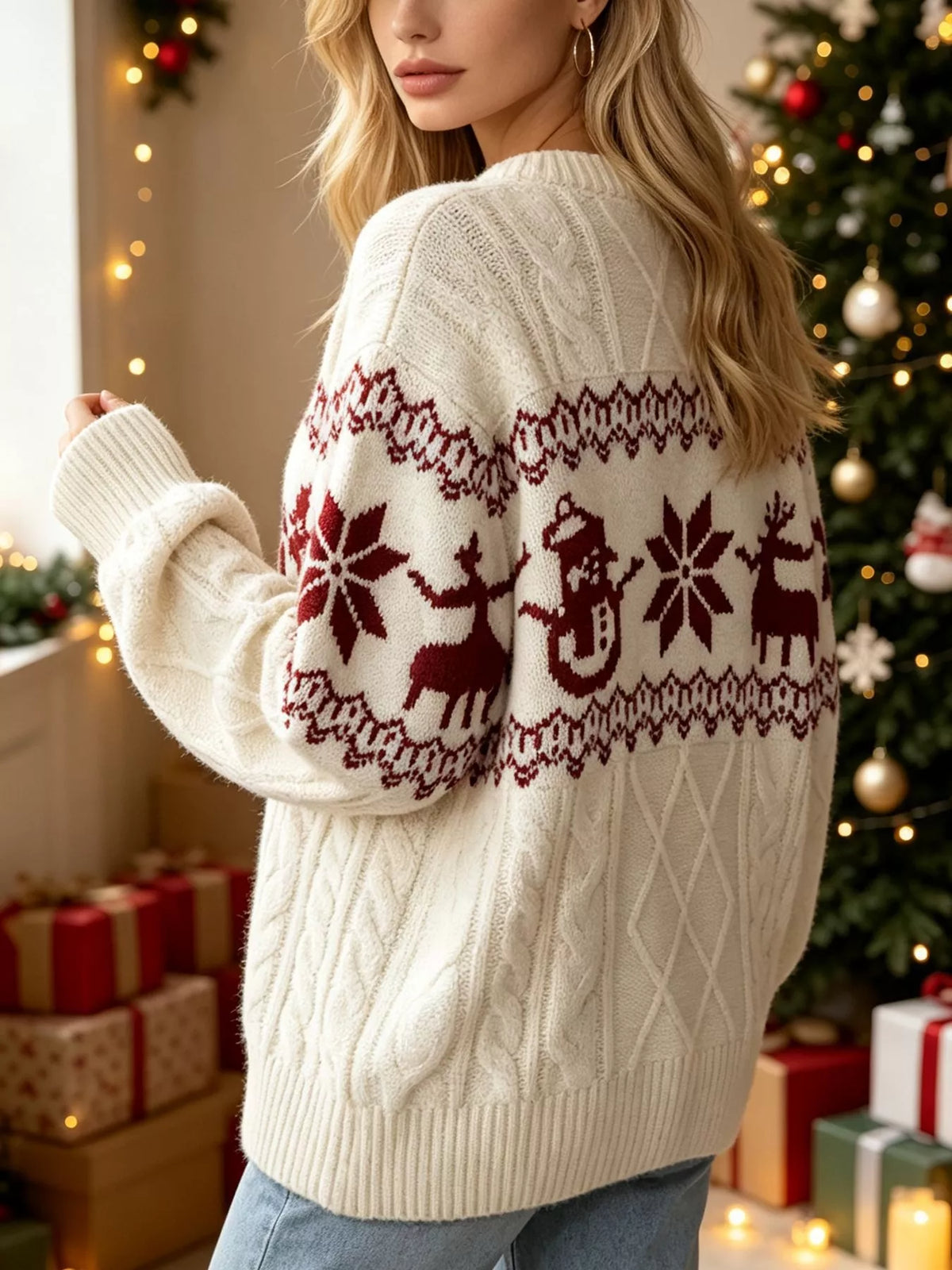 Christmas Snowman Pattern Cable Knit Sweater, view 4