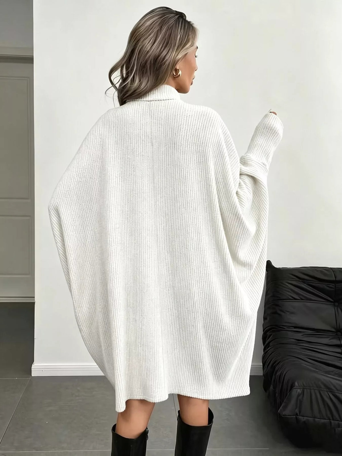 Oversized Batwing Sleeve Ribbed Knit Turtleneck Dress - Lilixa.store