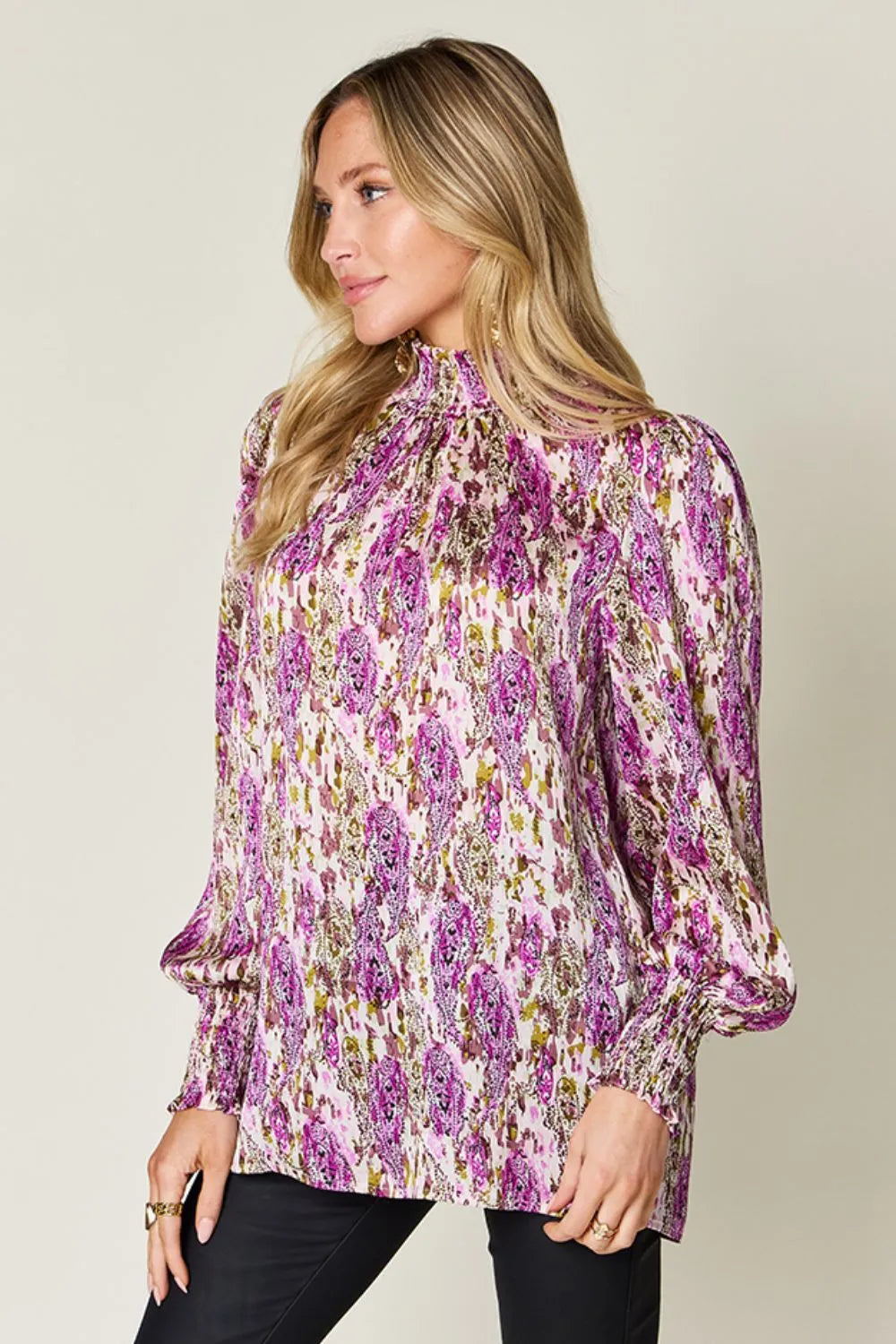 Double Take Full Size Printed Smocked Long Sleeve Blouse - Lilixa.store