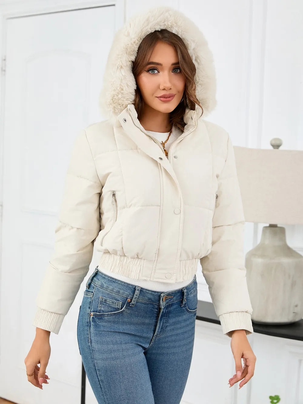 Pocketed Long Sleeve Cropped Hooded Winter Coat - Lilixa.store