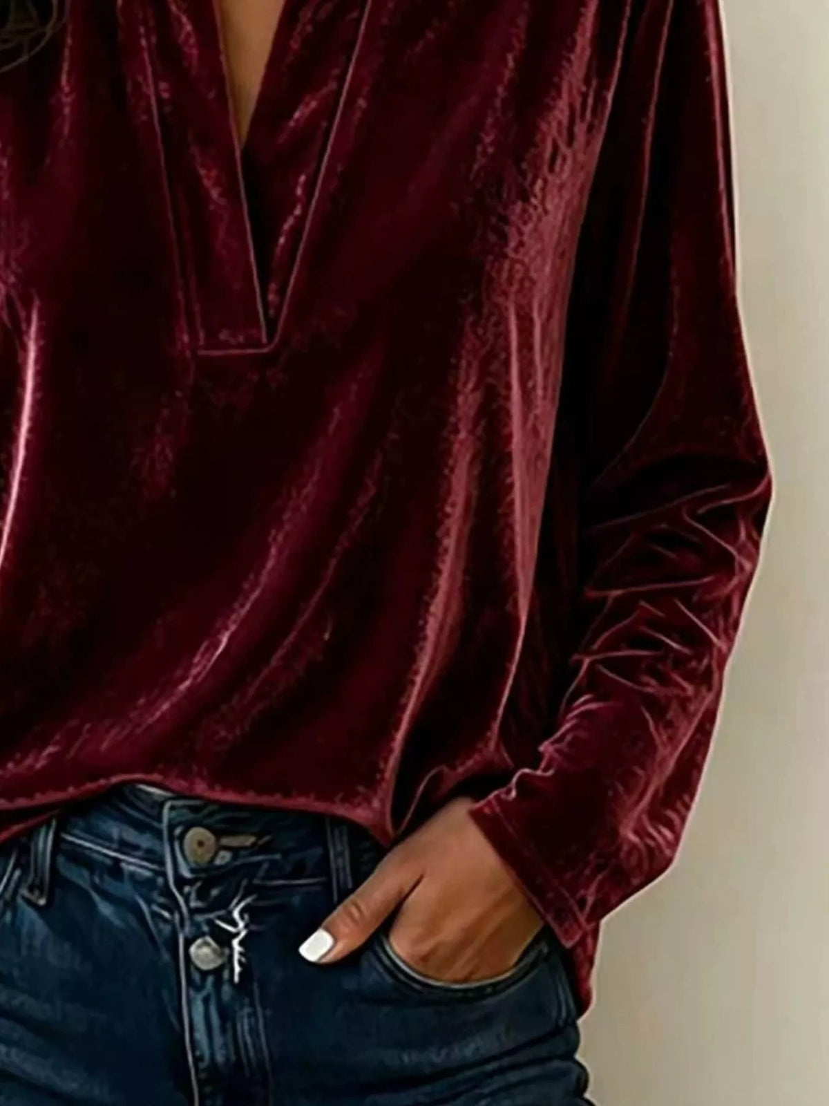 Full Size Velvet Notched Long Sleeve Blouse Plus Size, view 3