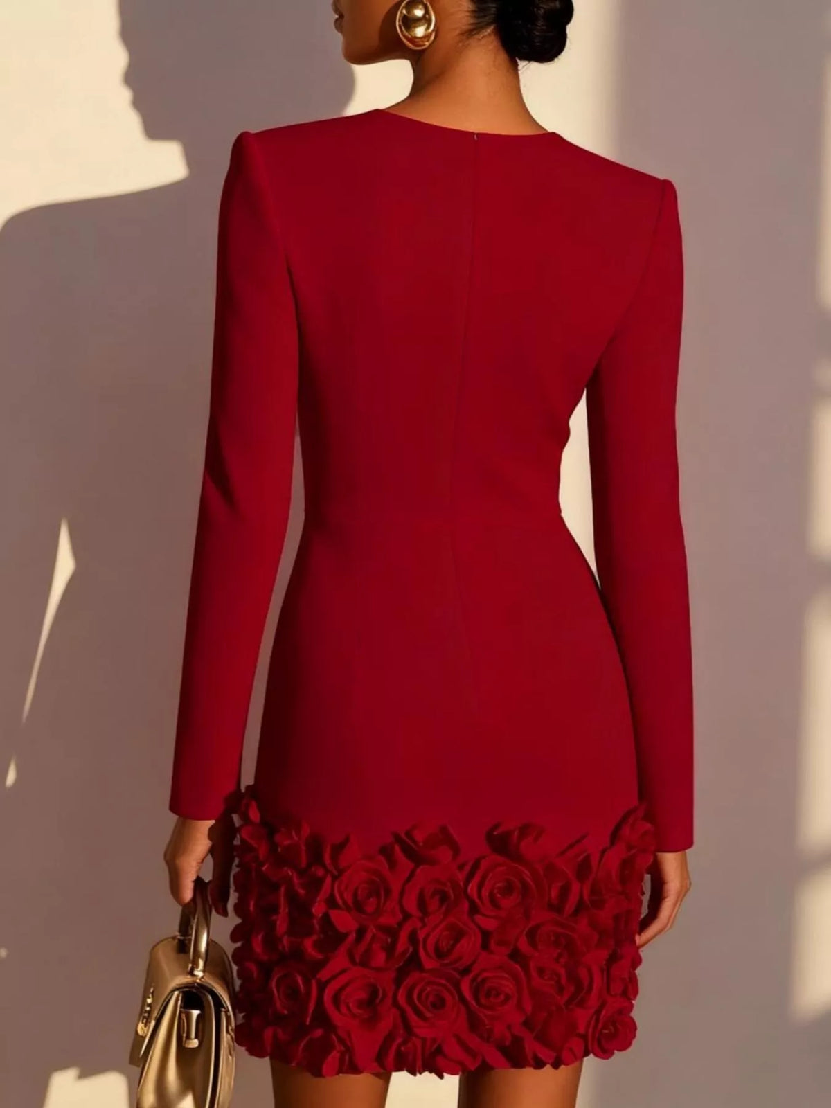 V-Neck Long Sleeve Mini Dress with 3D Rose Floral Hem, view 9