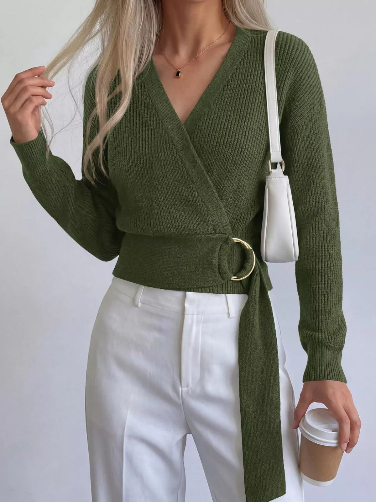 Metal Ring Detail Dropped Shoulder Sweater - Lilixa.store