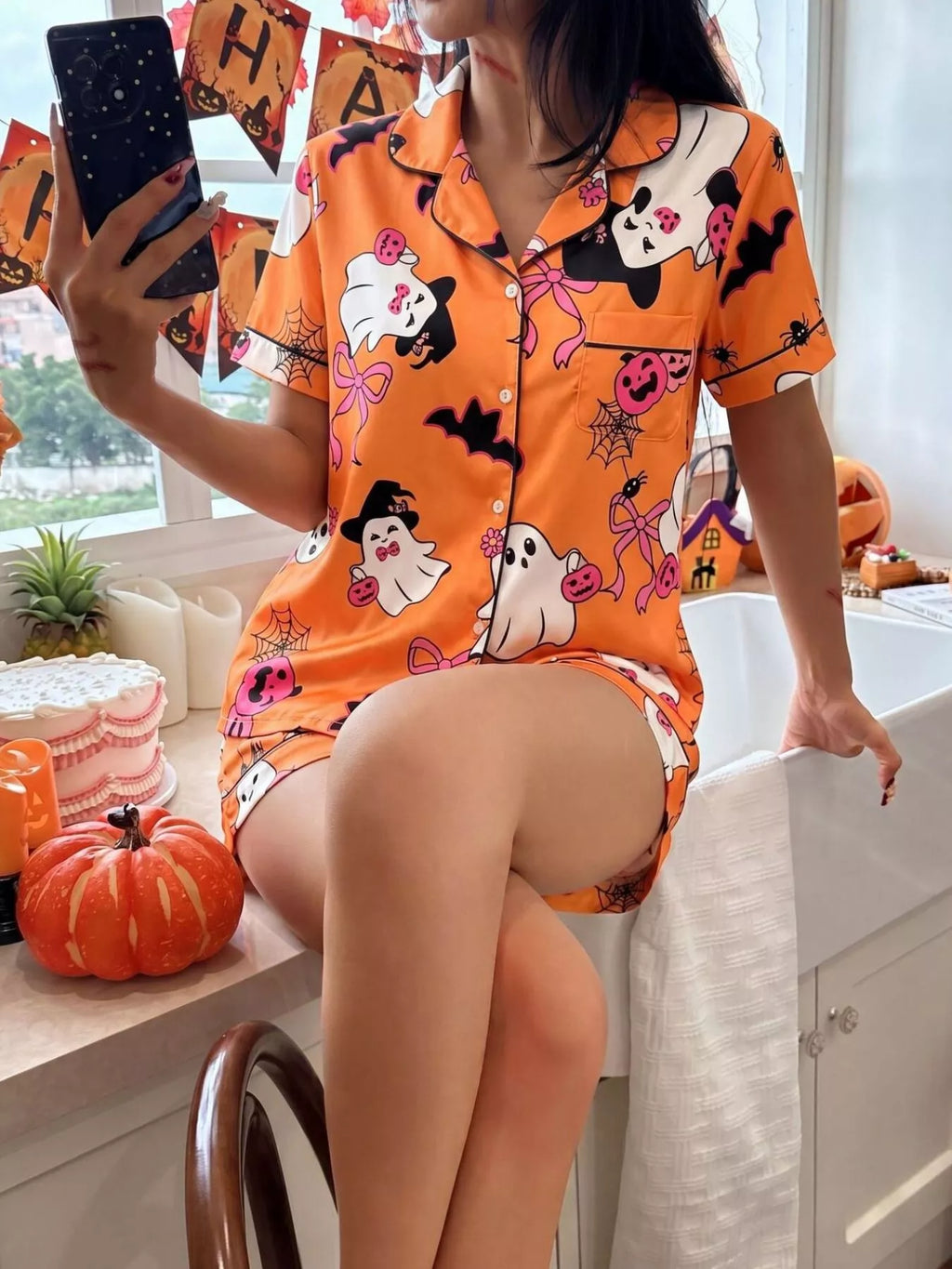 Halloween Ghost Print Button-Down Top and Shorts Lounge Set - Lilixa.store