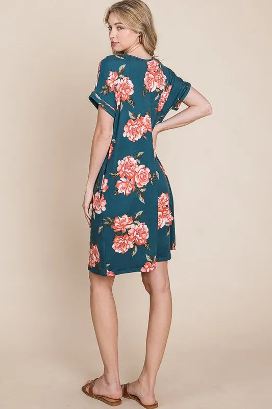 BOMBOM Floral Round Neck Short Tee Dress with Pockets - Lilixa.store