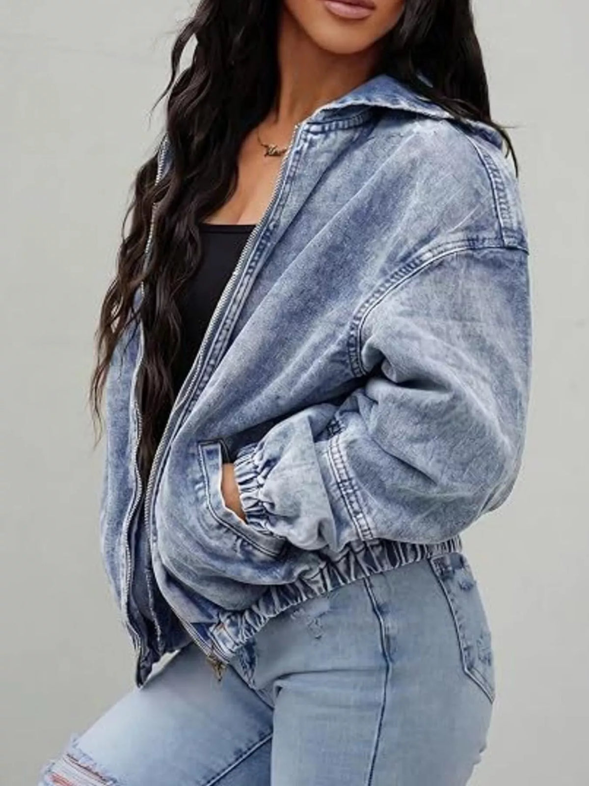 Vintage Washed Zip Up Hooded Denim Jacket, view 3