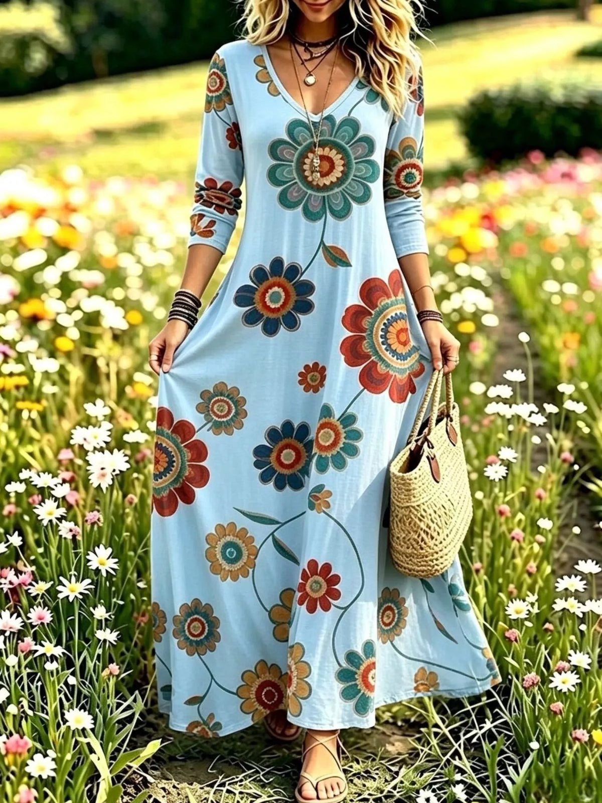 Floral Print V-Neck Long Sleeve Maxi Dress
