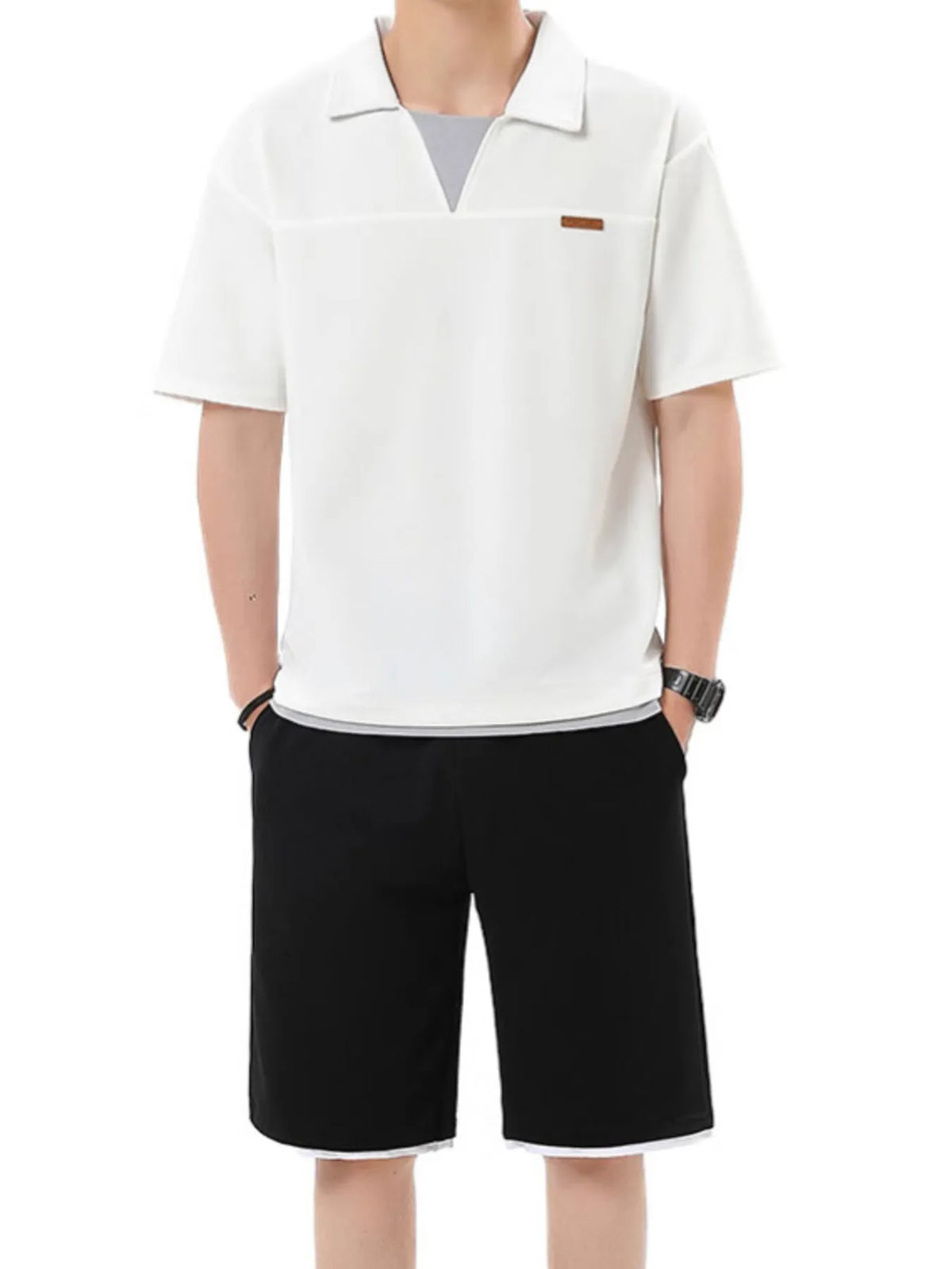 Men's Plus Size Johnny Collar Top and Shorts Set, view 3