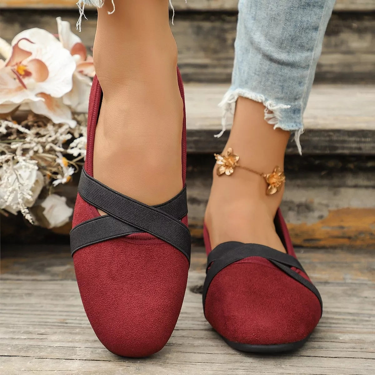 Suede Cross-Strap Slip-On Loafers