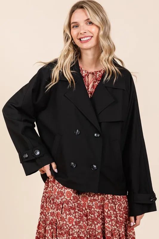 Mittoshop Double Breasted Long Sleeve Trench Coat Jacket in Black